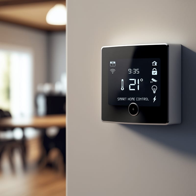 Panneau de contrôle domotique mural noir affichant 9h35, 21°C et SMART HOME CONTROL avec icônes. Intérieur moderne en fond.