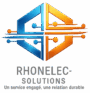 Logo Rhonelec-Solutions: conception abstraite bleue et orange évoquant des circuits électroniques. Slogan: 'Un service engagé, une relation durable'.