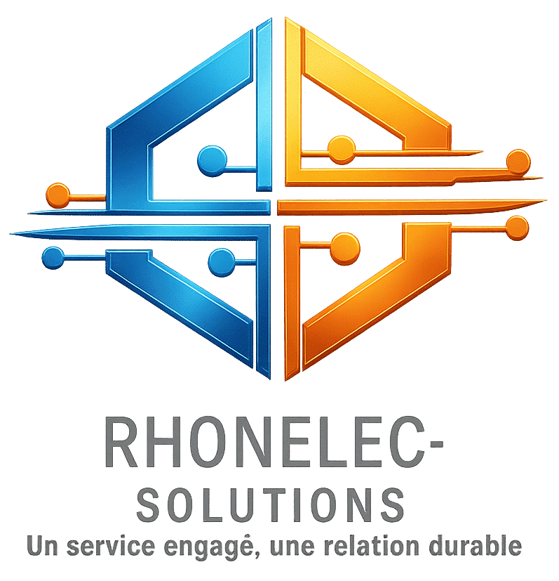 Logo Rhonelec-Solutions: conception abstraite bleue et orange évoquant des circuits électroniques. Slogan: 'Un service engagé, une relation durable'.