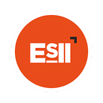 Logo officiel ESII: texte blanc stylisé avec un trait sous le 'S' et un symbole d'angle supérieur droit, sur un cercle orange vif bordé de blanc.