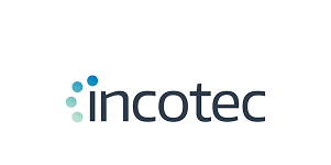 Logo Incotec avec le nom en lettres sombres et une colonne de quatre points bleus et verts dégradés en taille et couleur.