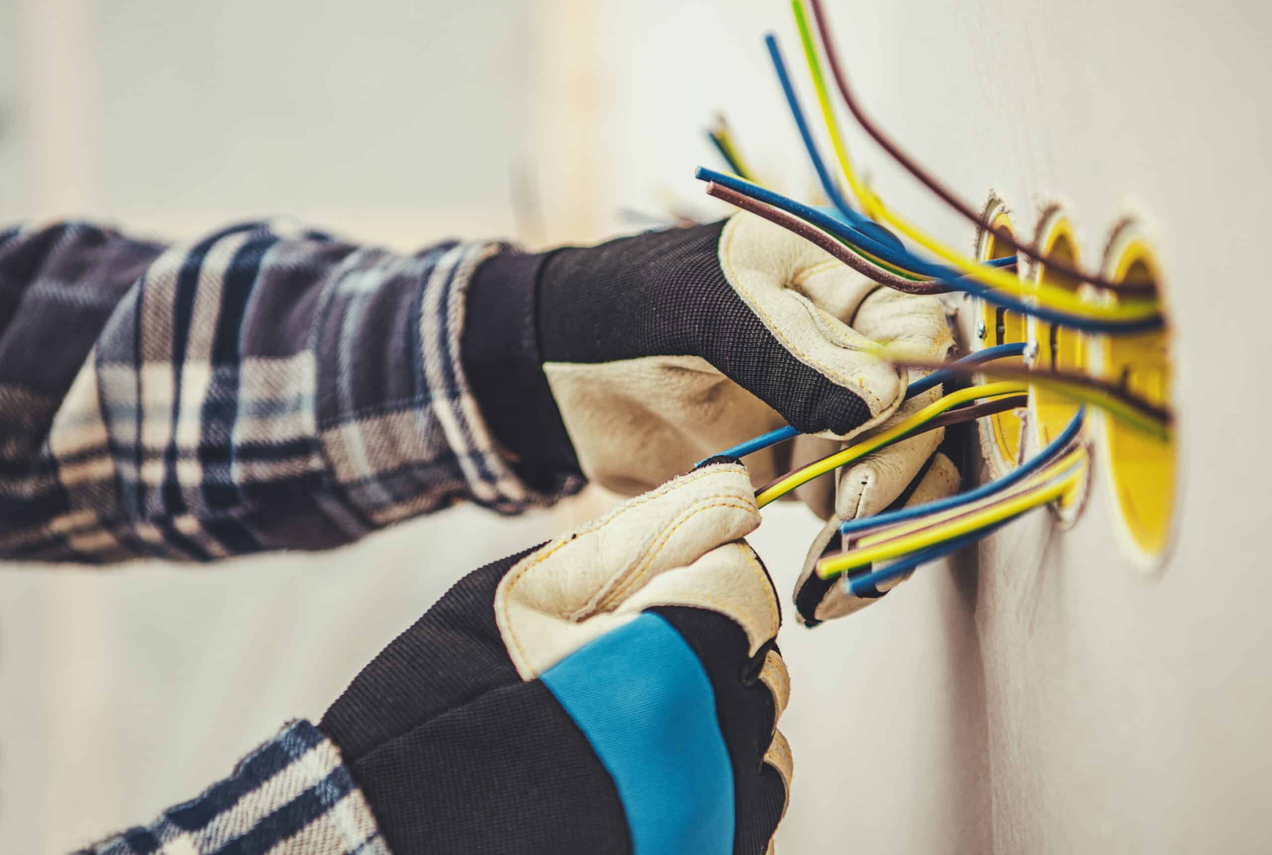 Mains électriques: fils colorés (jaune, bleu, marron, vert) installés dans un mur par des mains gantées. Installation électrique.