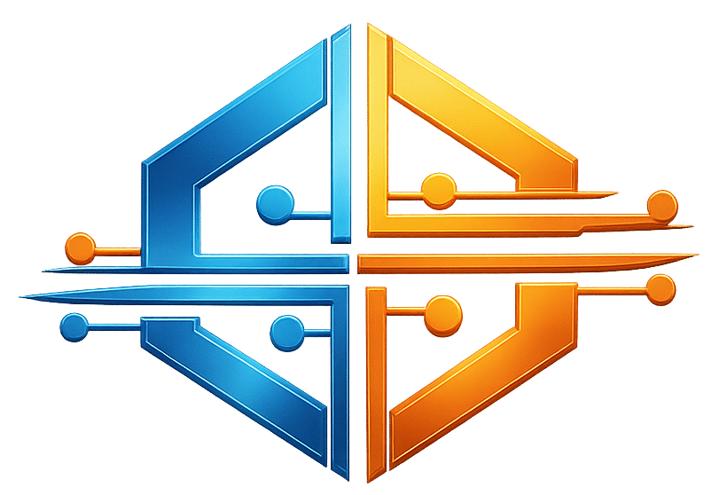 Logo technologique dynamique en forme de croix, composé de quatre éléments rappelant des circuits imprimés, deux bleus et deux oranges, interconnectés.
