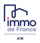 Logo Immo de France Ain avec maison stylisée bleue. Texte 'immo' (point rouge), 'de France' et 'AIN' en dessous.